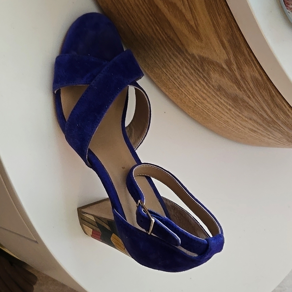 Anthropologie, abstract block heel in royal blue suede. 6 1/2